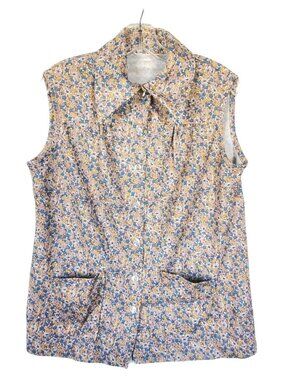 Vintage 60s 70s Sleeveless Floral Button Down Blouse Vest Mod Boho Cottagecore L